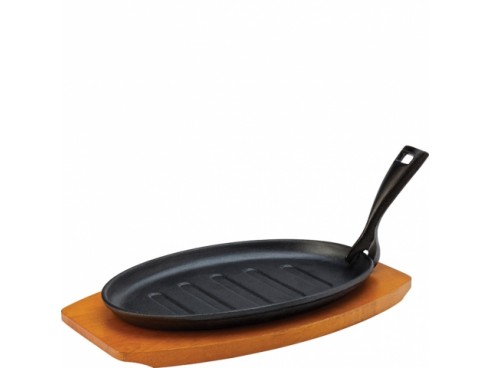 PLATTER SIZZLE CAST IRON WOOD BASE 10.75"