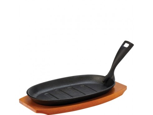 PLATTER SIZZLE CAST IRON WOOD BASE 9.5"