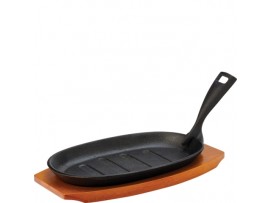 PLATTER SIZZLE CAST IRON WOOD BASE 9.5"